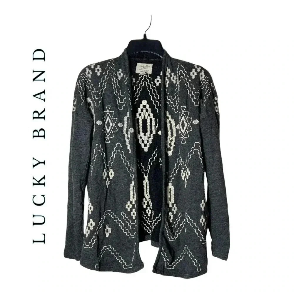 1815. LUCKY BRAND EMBROIDERED AZTEC PATTERN CARDIGAN NAVY BLUE/CREAM SIZE XSMALL